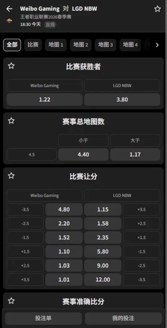 LGD.NBW vs WB - 2026王者荣耀KPL - 赔率盘口信息必威(Betway)提供