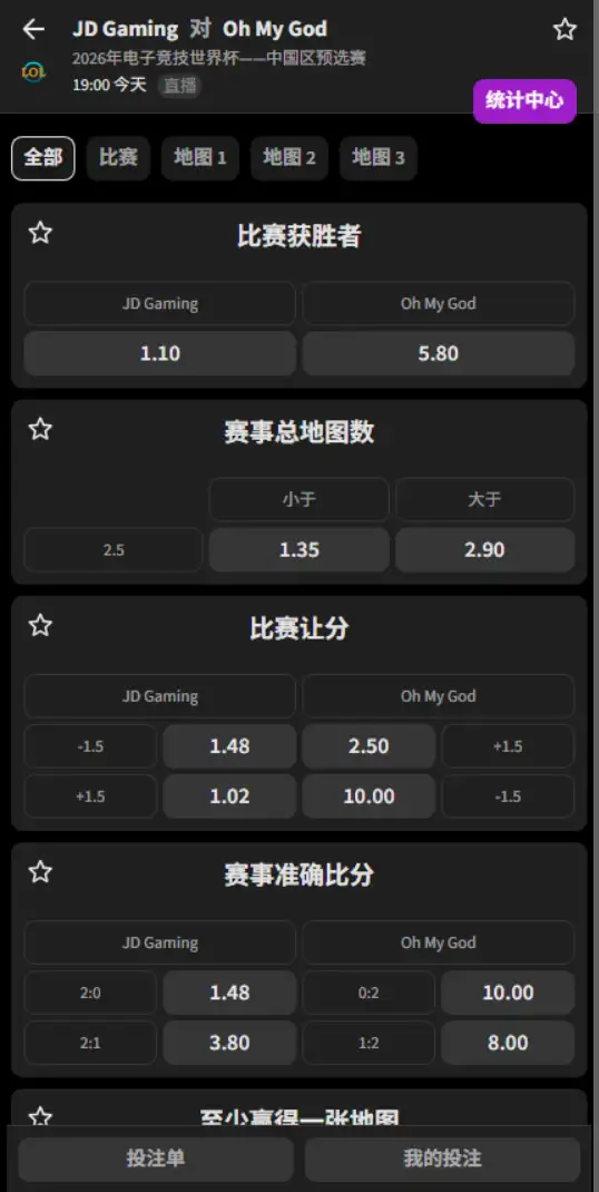 JDG vo OMG - 2026英雄联盟EWC电竞世界杯预选赛 - 赔率盘口信息 - 伟德(BetVictor)提供