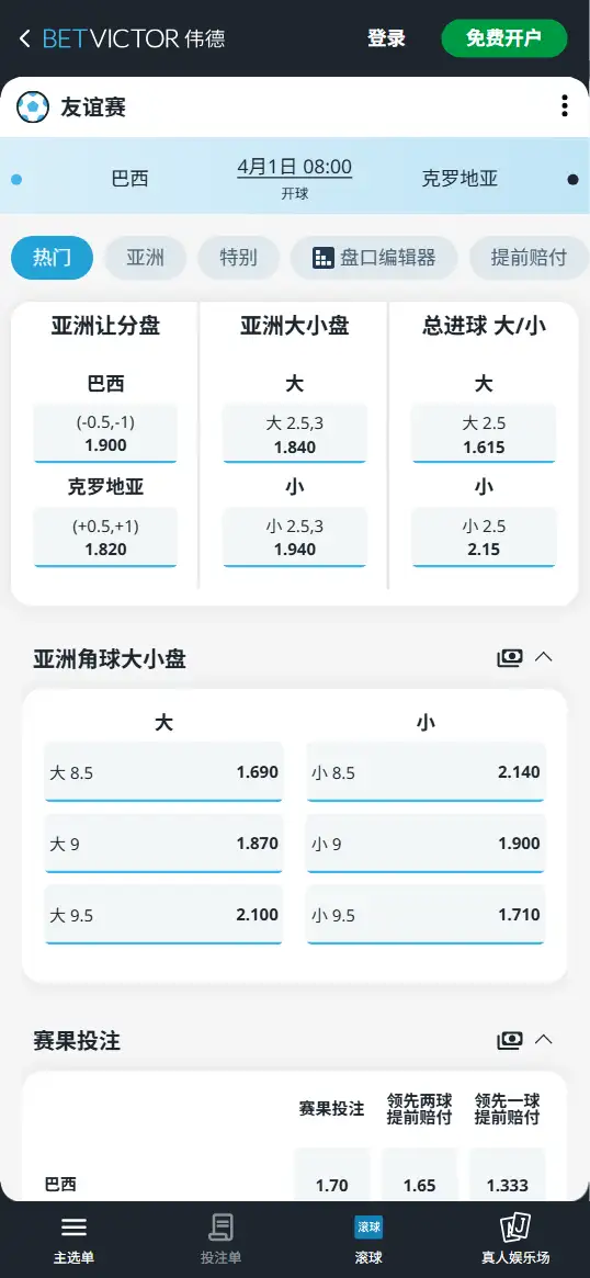 巴西vs克罗地亚,友谊赛赔率和盘口信息-伟德(BetVictor)提供