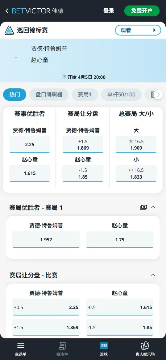 特鲁姆普vs赵心童-斯诺克巡回锦标赛 - 赔率和盘口信息-伟德(betvictor)提供