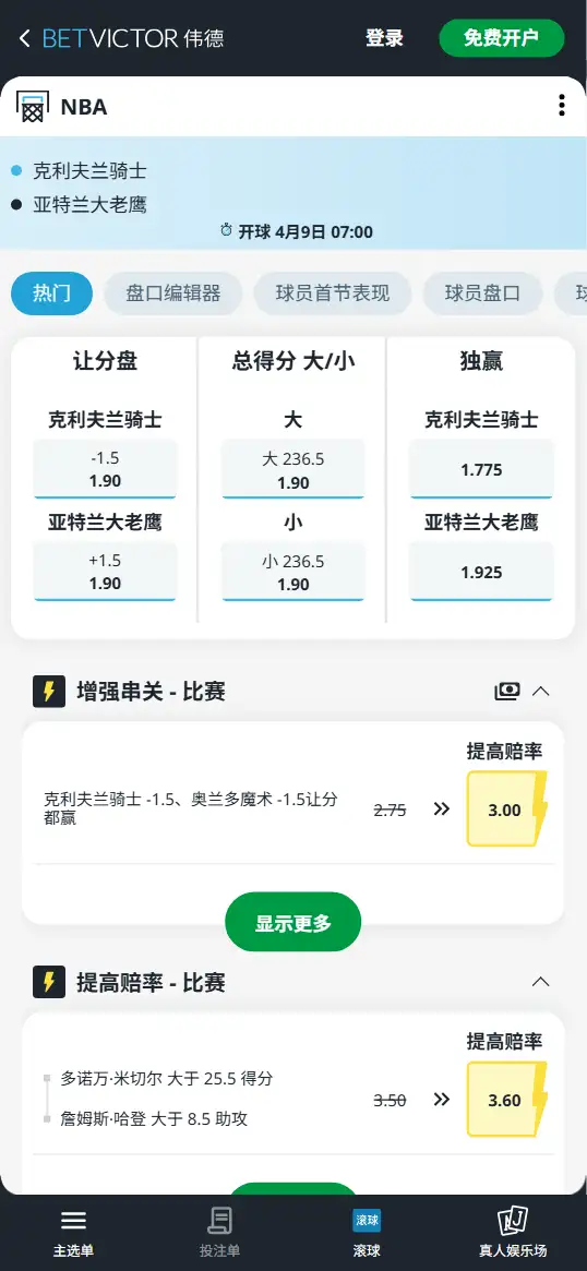 骑士vs老鹰-NBA博彩赔率和盘口信息-伟德(betvictor)提供