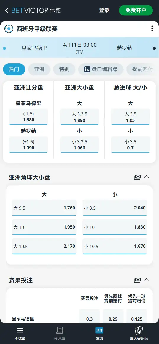 皇马vs赫罗纳,西甲赔率和盘口信息-伟德(BetVictor)提供