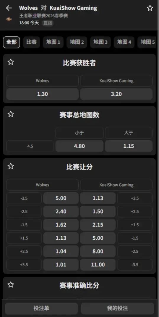重庆狼队 vs KSG - 2026王者荣耀KPL - 赔率盘口信息必威(Betway)提供