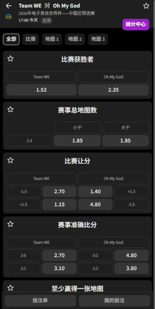 WE vs OMG - 电竞世界杯中国区预选赛第二阶段 - 赔率盘口信息必威(Betway)提供