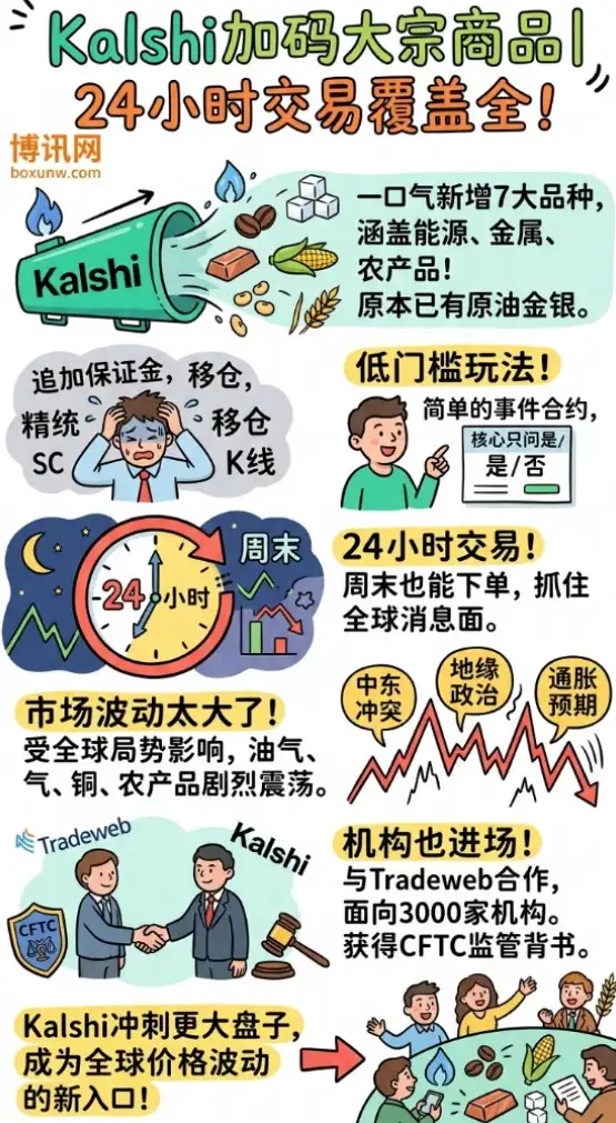 Kalshi加码大宗商品 | 24小时交易切入能源金属农产品 | 预测市场竞争升温