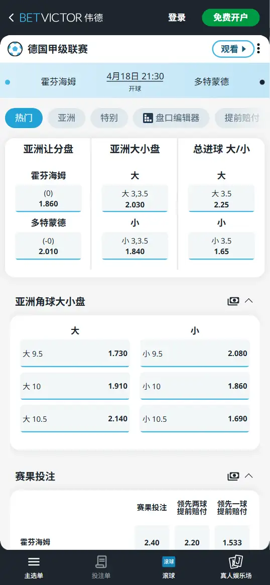 霍芬海姆vs多特蒙德，德甲赔率和盘口信息-伟德(BetVictor)提供