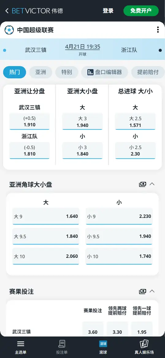 武汉三镇vs浙江队，中超赔率和盘口信息-伟德(BetVictor)提供
