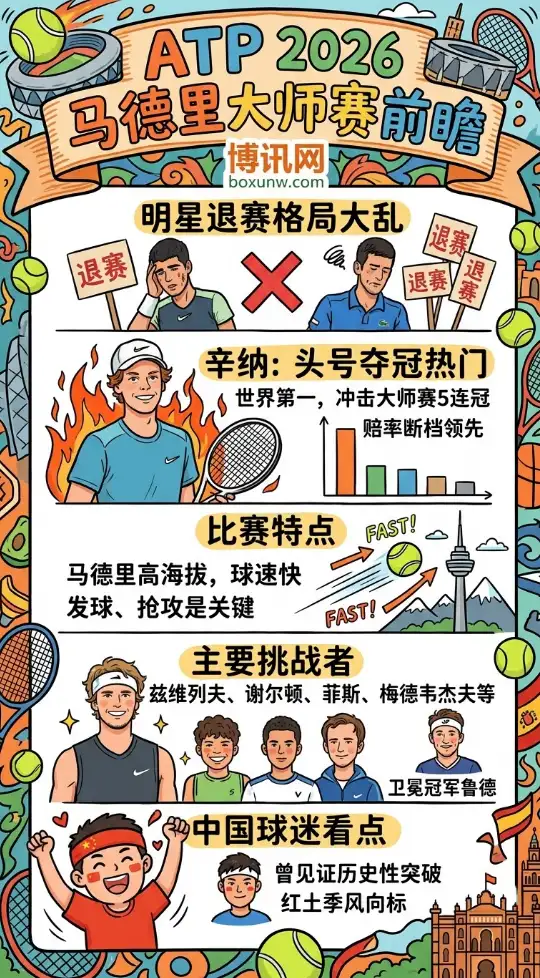 2026马德里大师赛前瞻｜辛纳领衔冲冠，阿尔卡拉斯与德约退赛，冠军赔率明显倾斜
