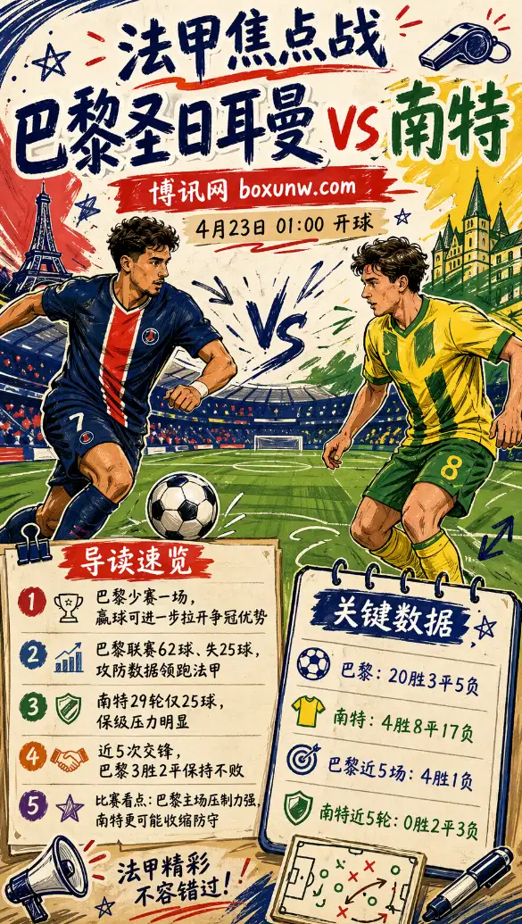 巴黎圣日耳曼vs南特 | 法甲第26轮补赛 | 北京时间4月23日01:00前瞻