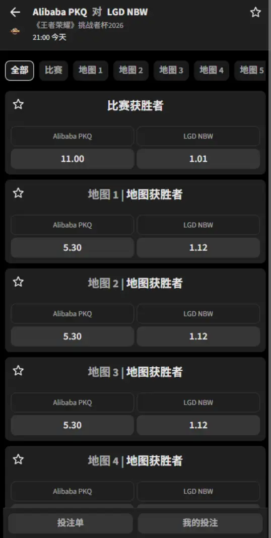 阿里巴巴PKQ vs 杭州LGD.NBW - 2026王者荣耀KPL - 赔率盘口信息必威(Betway)提供