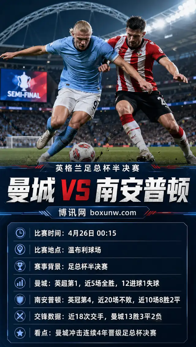 曼城vs南安普顿 | 英格兰足总杯半决赛 | 4月26日00:15 | 赛前分析与方向