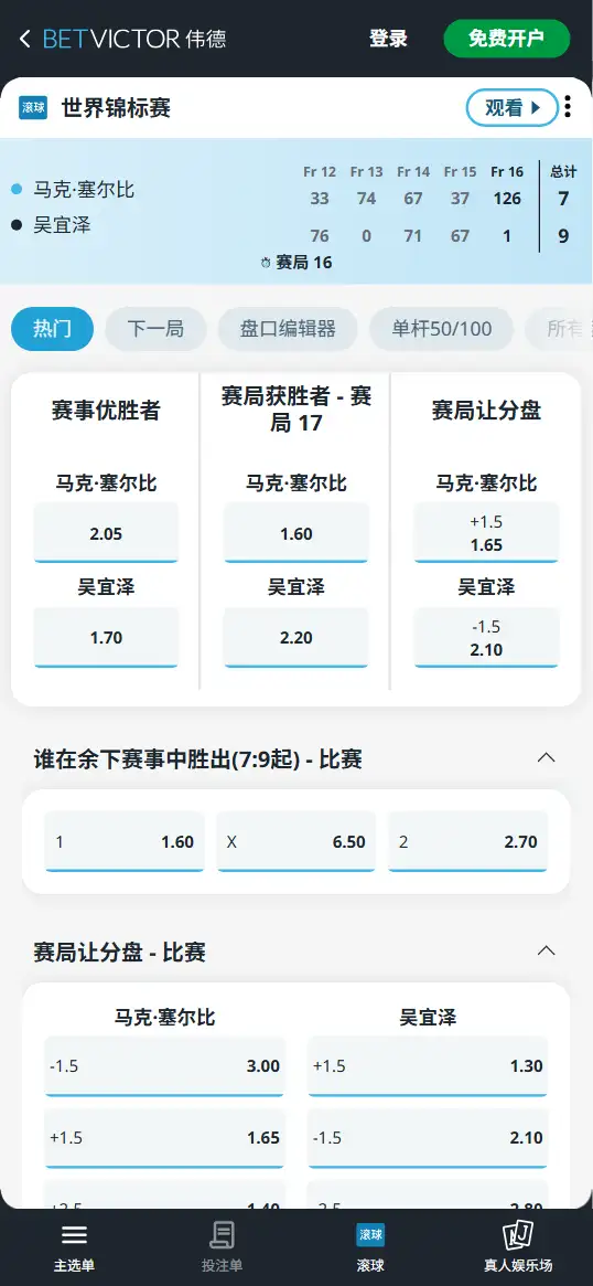 塞尔比vs吴宜泽-斯诺克世锦赛 - 赔率和盘口信息-伟德(betvictor)提供