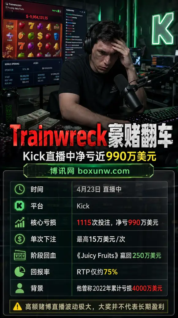 Trainwreck直播赌博翻车 | Kick直播平台 | 亏损近千万美元 | 高额赌博直播再引争议