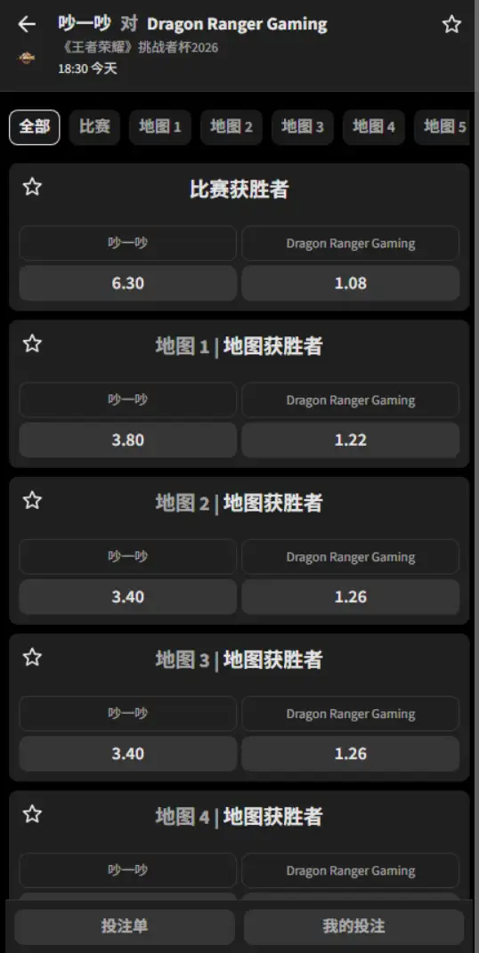 吵一吵 vs 佛山DRG - 2026王者荣耀KPL - 赔率盘口信息必威(Betway)提供