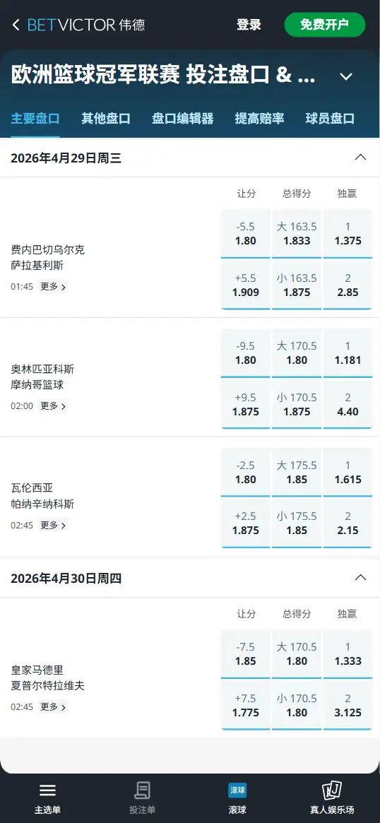 欧洲篮球联赛总决赛 - 赔率和盘口信息 - 由伟德(Betvictor)提供