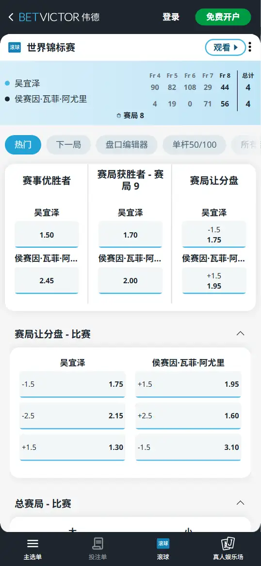 吴宜泽vs瓦菲-斯诺克世锦赛 - 赔率和盘口信息-伟德(betvictor)提供