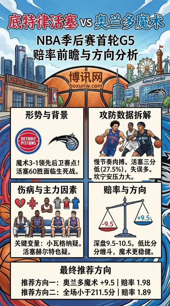 NBA季后赛G5前瞻：魔术距晋级仅差1胜！活塞让9.5分深盘暗藏玄机？