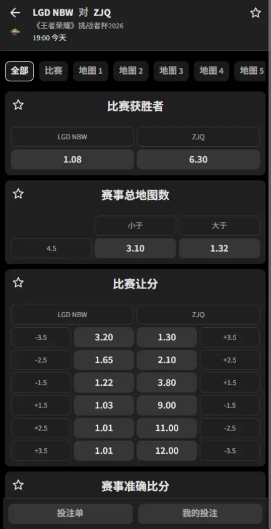 杭州LGD.NBW vs ZJQ - 2026王者荣耀KPL - 赔率盘口信息必威(Betway)提供