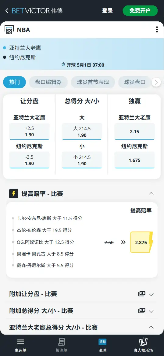 老鹰vs尼克斯-NBA季后赛博彩赔率和盘口信息-伟德(betvictor)提供