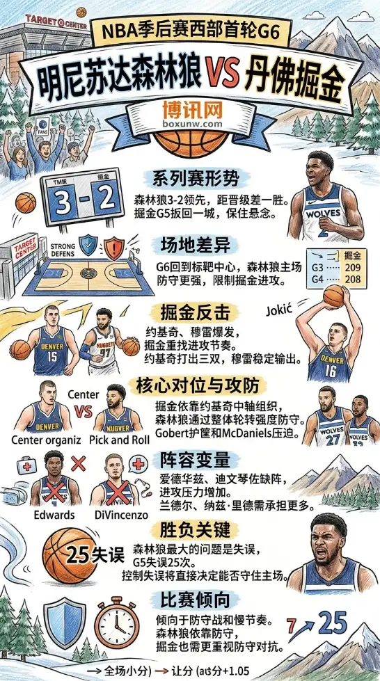 G6生死战！森林狼vs掘金前瞻分析：前5场均仅221.8分，约基奇力争客场破局