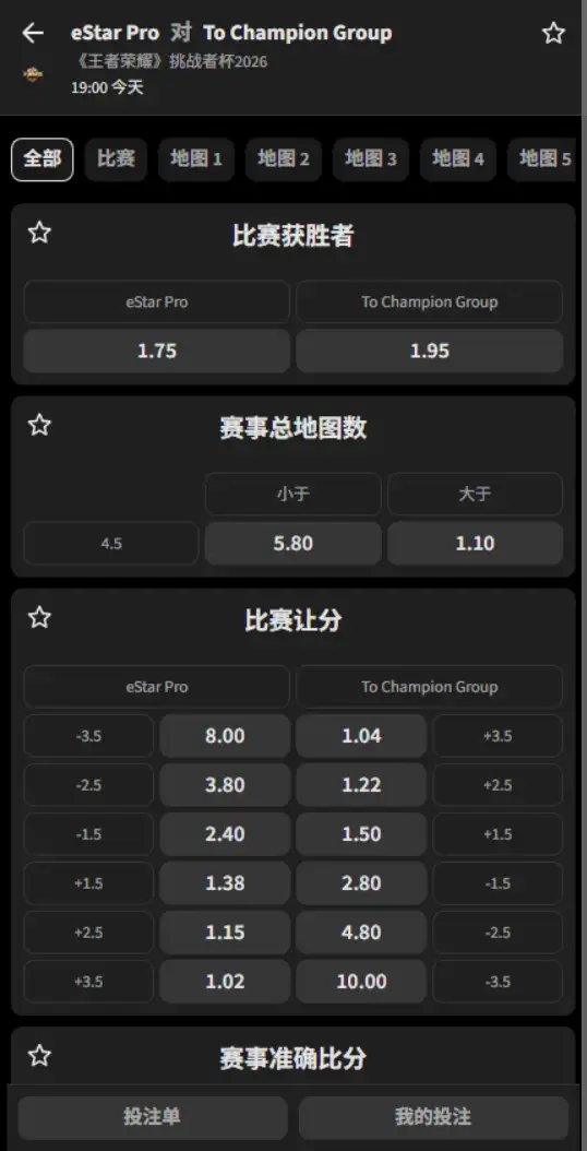 武汉eStarPro vs 无锡TCG - 2026王者荣耀挑战者杯 - 赔率盘口信息必威(Betway)提供