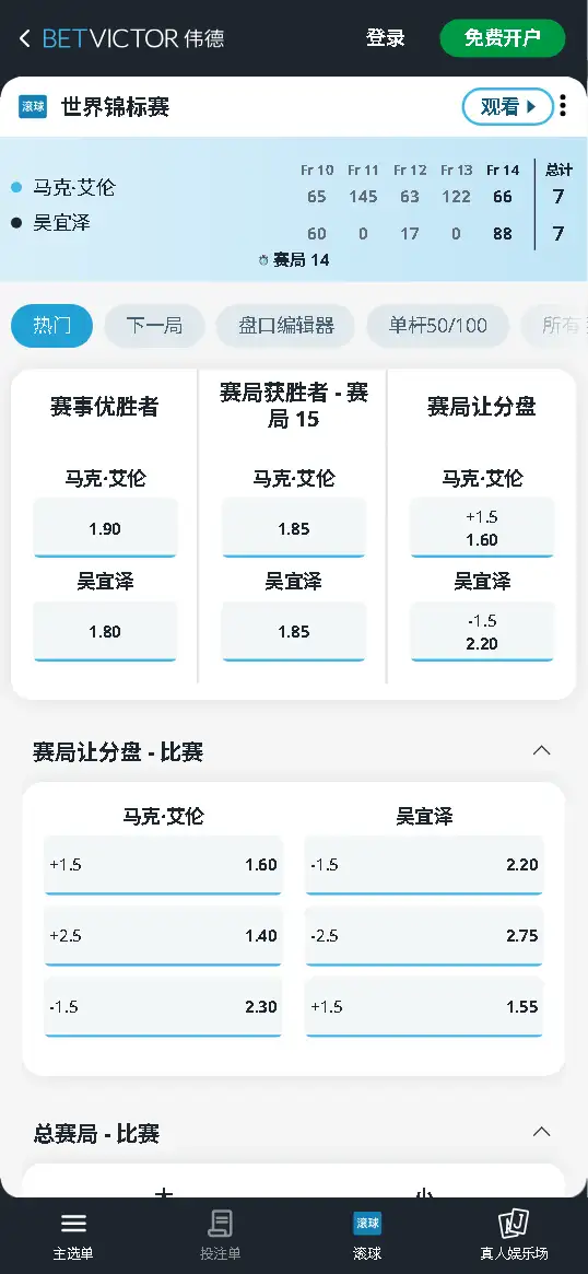 艾伦vs吴宜泽-斯诺克世锦赛 - 赔率和盘口信息-伟德(betvictor)提供
