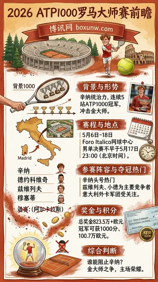 德约冲击赛会第7冠遭围剿？2026罗马大师赛5大夺冠热门解析，辛纳迎终极考验