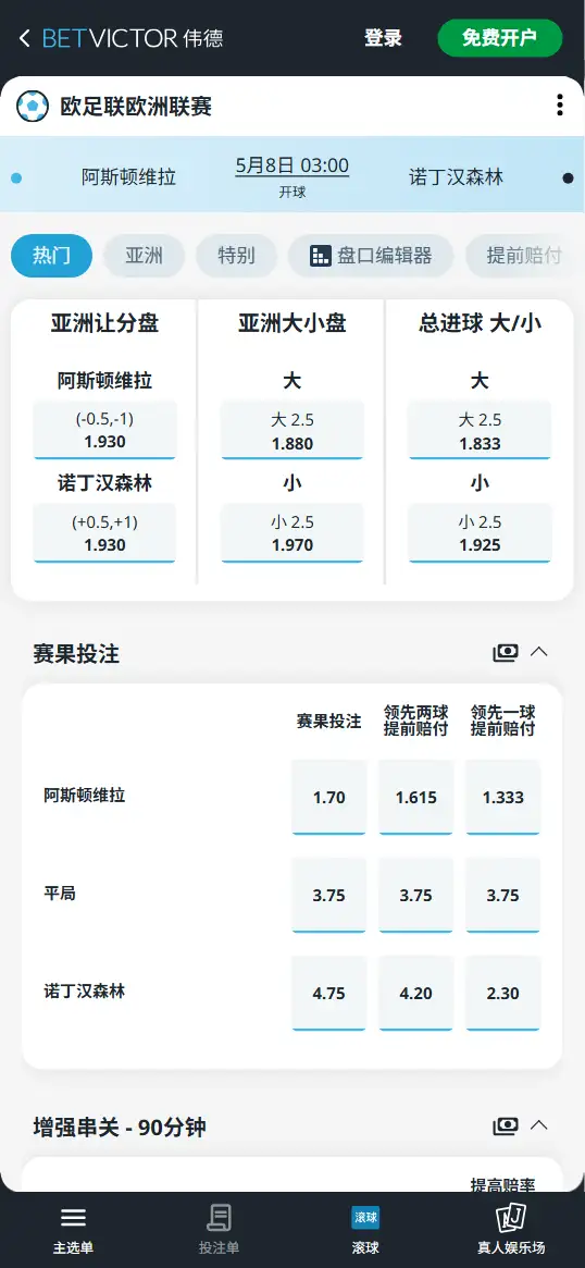 阿斯顿维拉vs诺丁汉森林，欧联杯赔率和盘口信息-伟德(BetVictor)提供