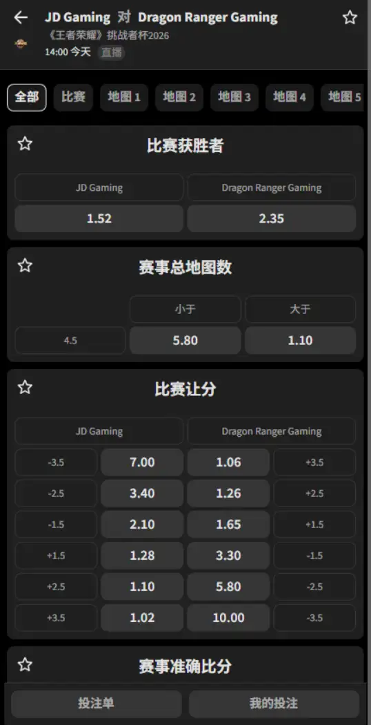 北京JDG vs 佛山DRG - 2026王者荣耀KPL - 赔率盘口信息必威(Betway)提供