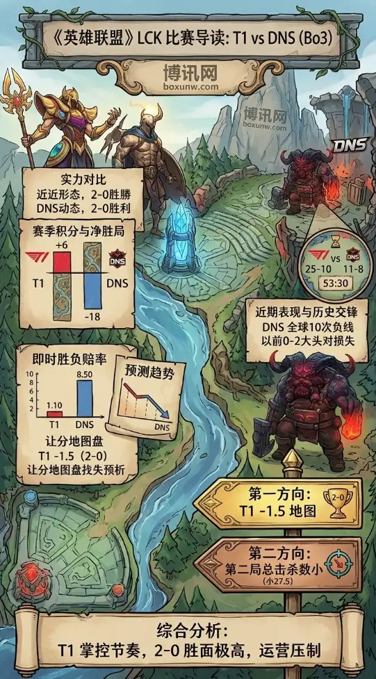 英雄联盟赛事分析：上次仅用53分钟零封！T1再战DNS能否重演2-0？胜负赔率深度解读