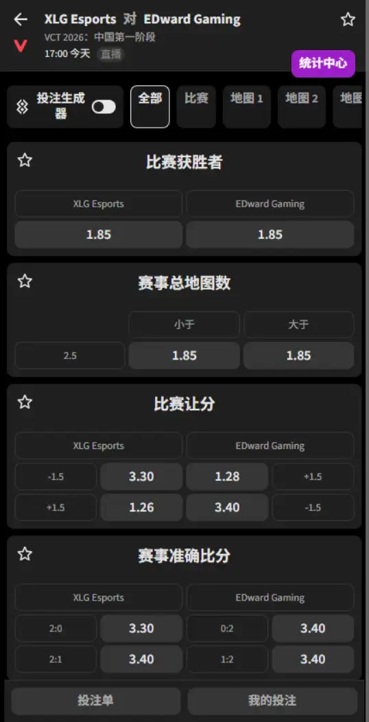 XLG vs EDG - 无畏契约 VCT 2026 中国第一阶段 - 赔率信息必威(Betway)