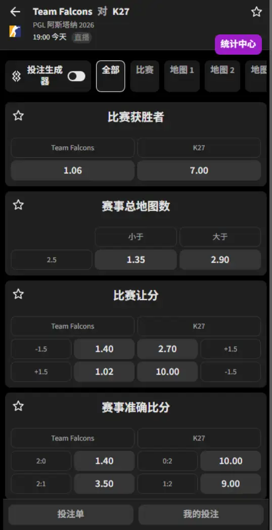 Falcons vs K27 - 反恐精英2 - PGL 阿斯塔纳 2026 - 赔率盘口信息必威(Betway)提供