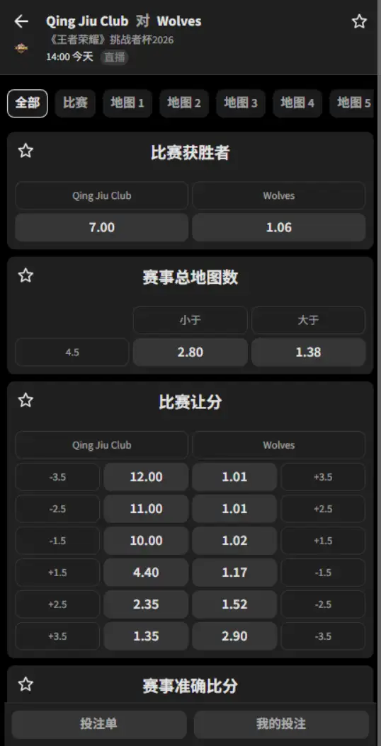 桐乡情久 vs 重庆狼队 - 2026王者荣耀KPL - 赔率盘口信息必威(Betway)提供