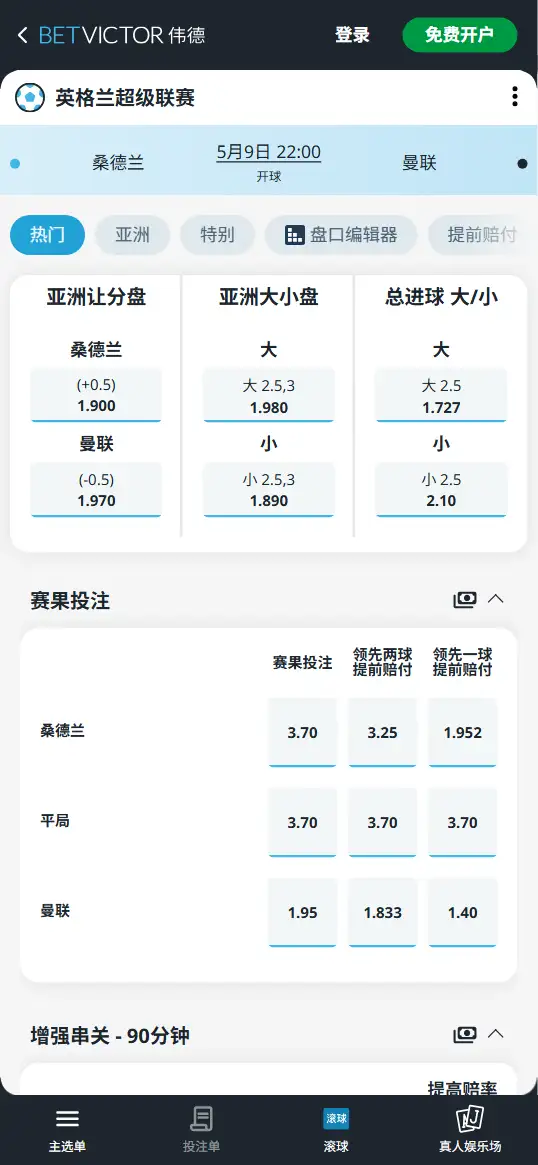 桑德兰vs曼联，英超赔率和盘口信息-伟德(BetVictor)提供