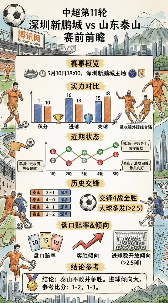深度前瞻中超第11轮:深圳新鹏城vs山东泰山,超6成数据看好客队拿满3分