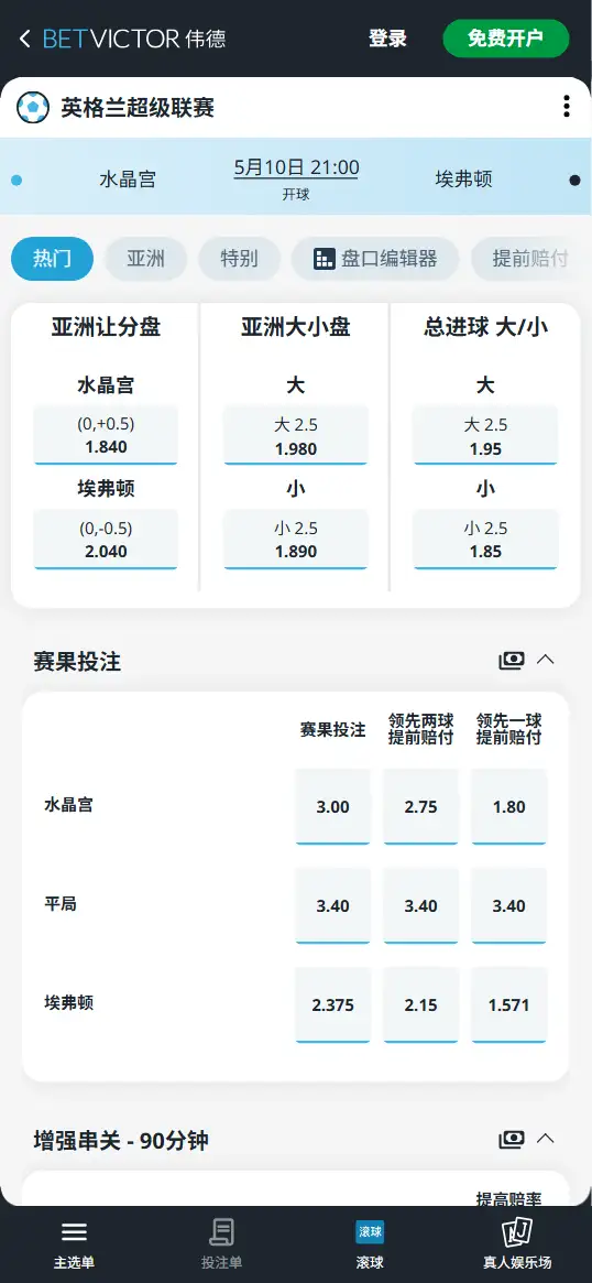 水晶宫vs埃弗顿，英超赔率和盘口信息-伟德(BetVictor)提供
