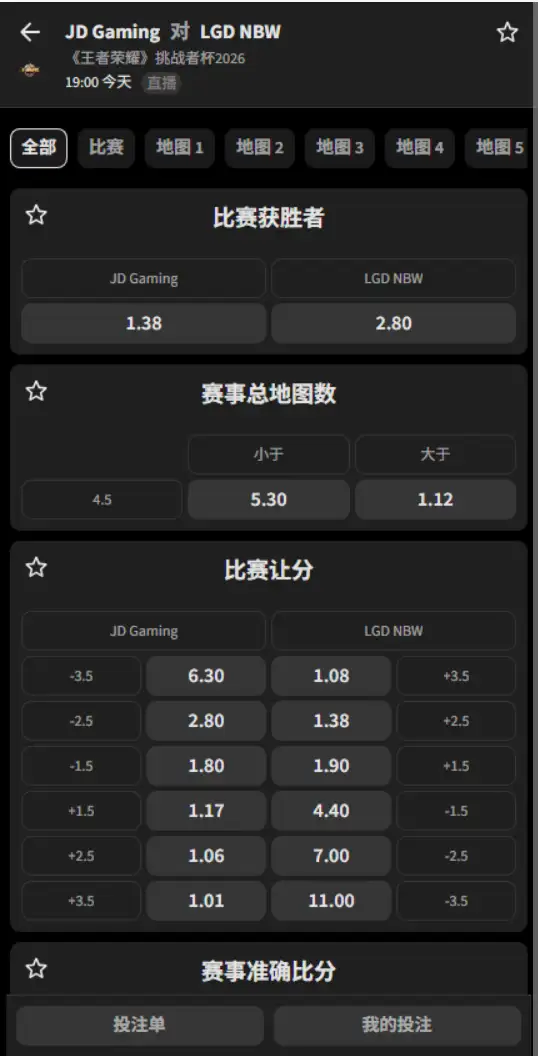 北京JDG vs 杭州LGD.NBW - 2026王者荣耀KPL - 赔率盘口信息必威(Betway)提供