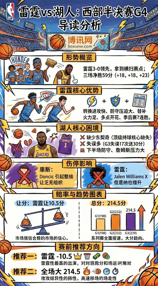 雷霆 vs 湖人 | NBA西部半决赛G4 | 让分与大小分 | 前瞻分析预测
