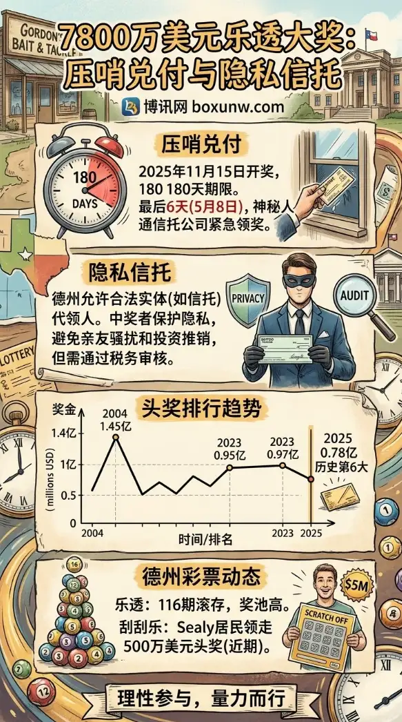 滚存116期！命中率仅2582万分之一，德州7800万美元彩票大奖被神秘信托领走