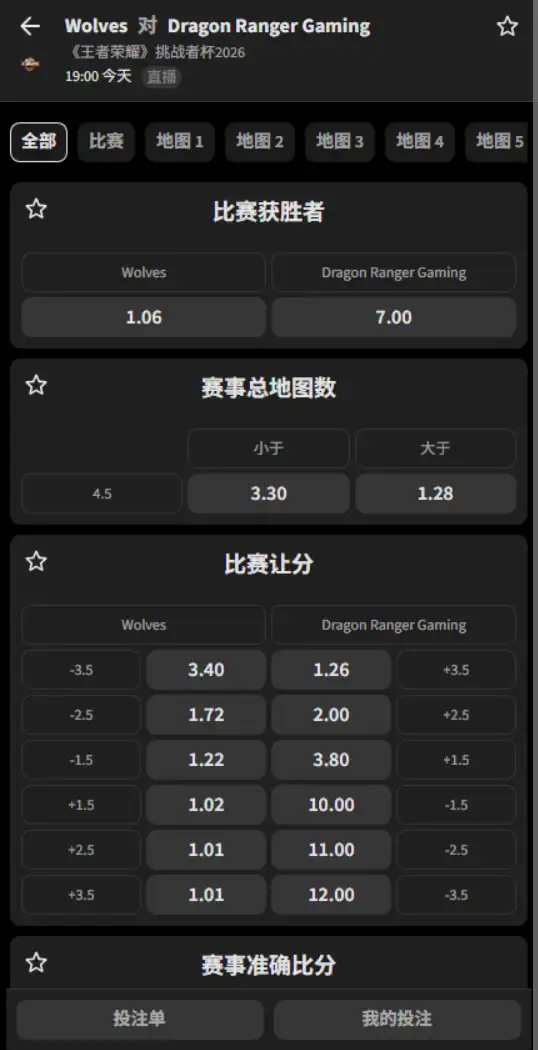 佛山DRG vs 重庆狼队 - 2026王者荣耀KPL - 赔率盘口信息必威(Betway)提供