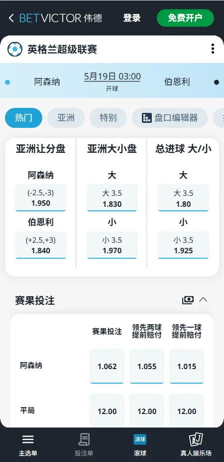 阿森纳 vs 伯恩利,英超赔率和盘口信息-伟德(BetVictor)提供