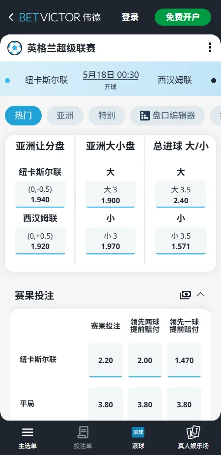纽卡斯尔联 vs 西汉姆联,英超赔率和盘口信息-伟德(BetVictor)提供