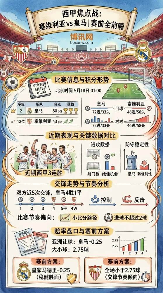 塞维利亚vs皇家马德里:西甲焦点战打响,让球-0.25该怎么选?