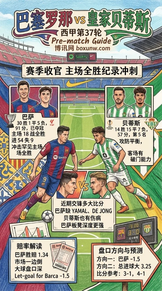 莱万告别战！西甲第37轮巴萨主场迎战贝蒂斯，3大核心优势提前锁定胜局？