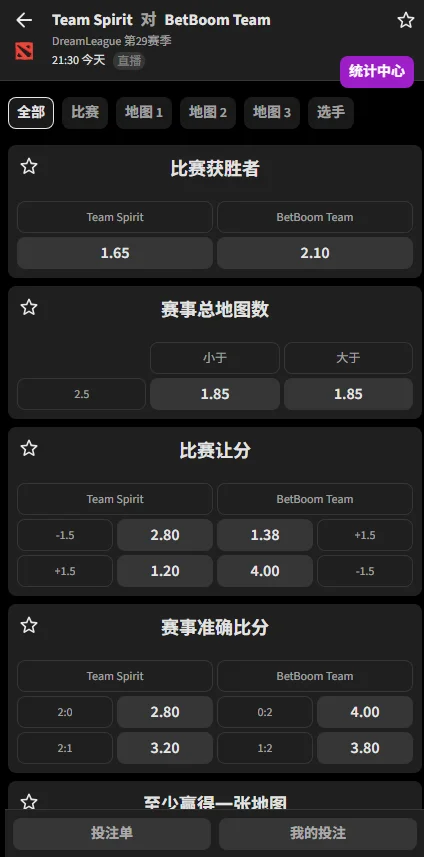 Spirit vs BetBoom - DOTA2梦幻联赛S29赔率盘口信息由必威(Betway)提供