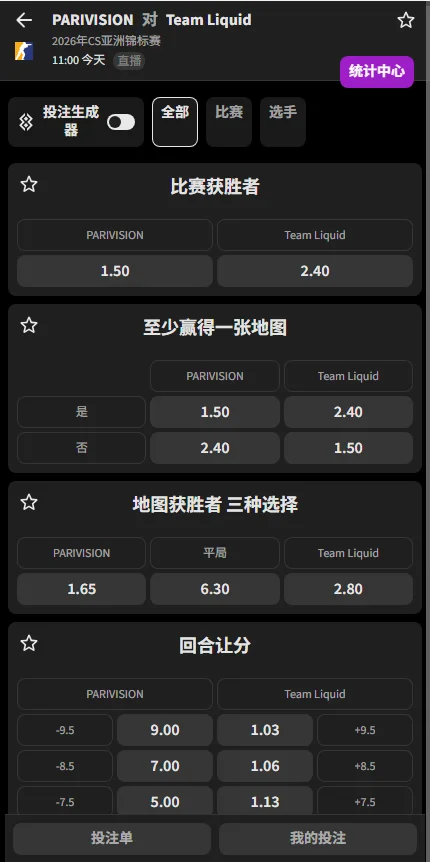 PARIVISION vs Liquid -CAC上海2026 - 赔率盘口信息必威(Betway)提供