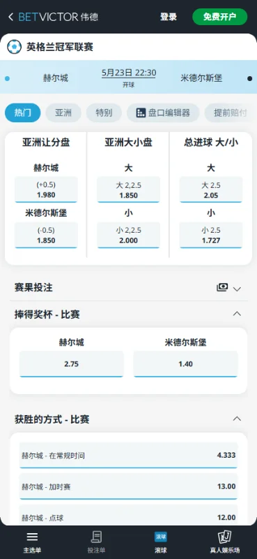 赫尔城vs米德尔斯堡，英冠升级战赔率和盘口信息-伟德(BetVictor)提供