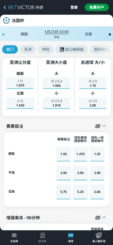 朗斯vs尼斯，法国杯赔率和盘口信息-伟德(BetVictor)提供