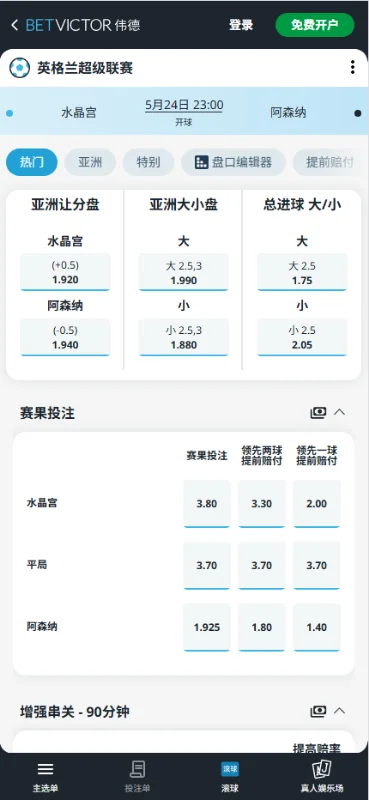 水晶宫vs阿森纳，英超赔率和盘口信息-伟德(BetVictor)提供