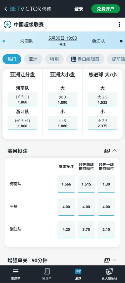 河南队vs浙江队，中超赔率和盘口信息-伟德(BetVictor)提供